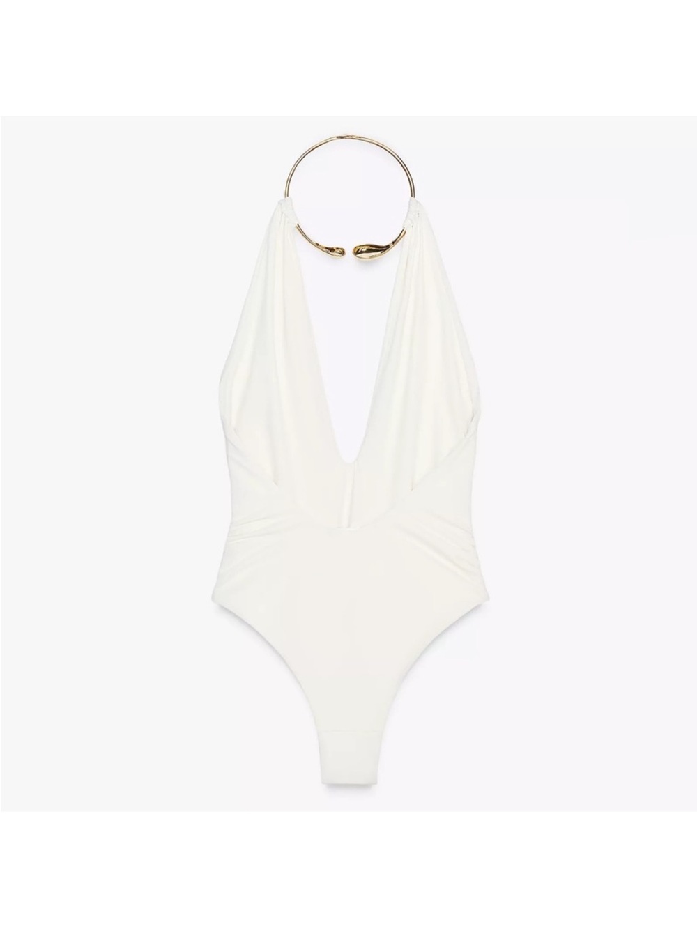 Zara Cream Halter One-Piece Swimsuit with Gold Ring